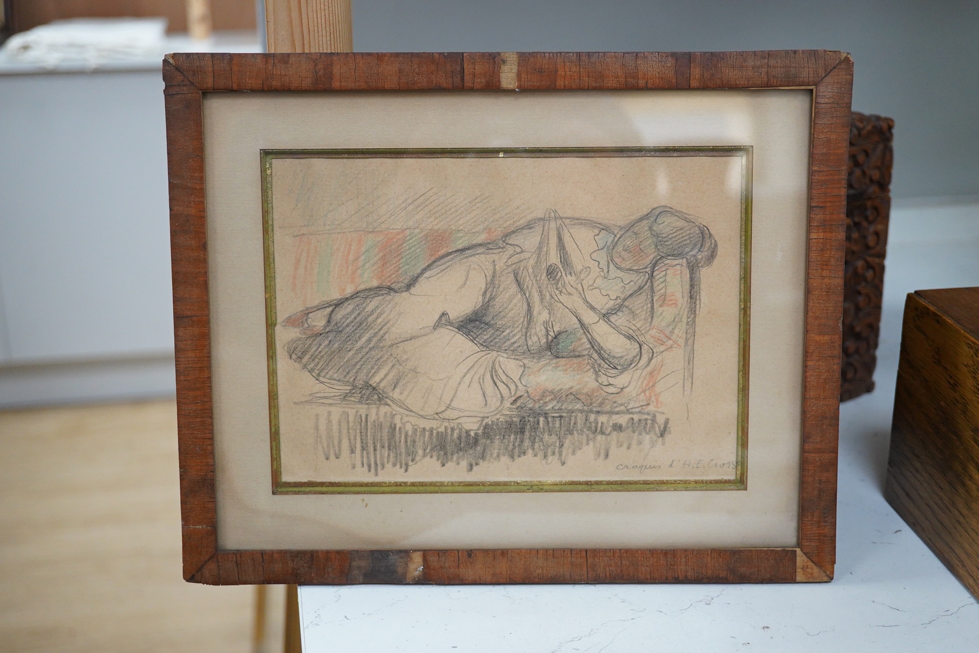 Henri Edmond Cross (French, 1856-1910), coloured crayon, Study of a sleeping woman, signed in pencil, details verso, 14.5 x 20cm. Condition - fair